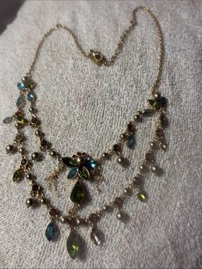 NW Finland Westerback OY  Gold-Tone Multi Gem Floral Drop Necklace Green & Blue
